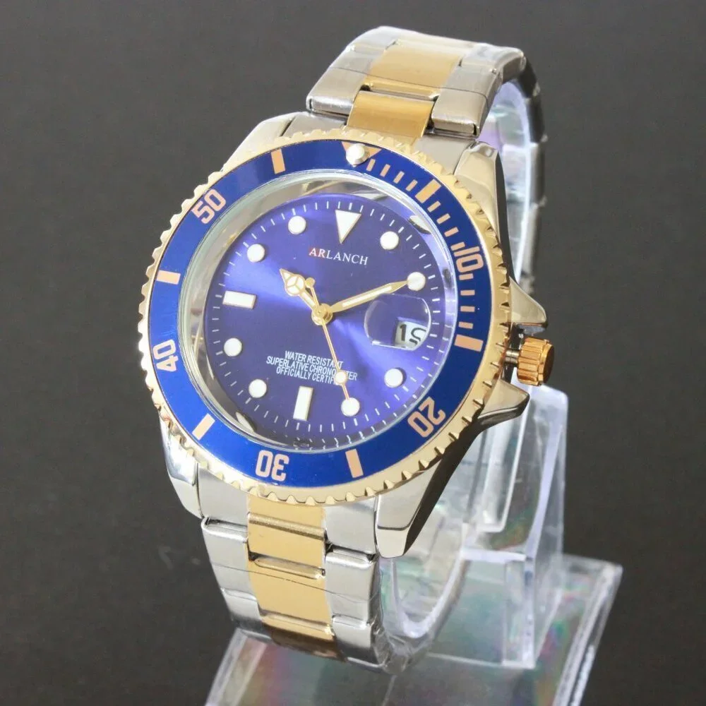 Men's Diver Style Watch Blue Bezel Silver Gold Tone 40mm
